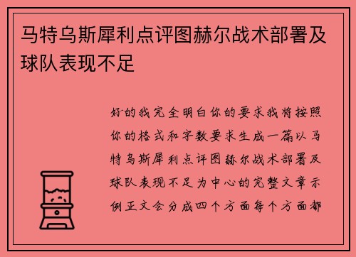 马特乌斯犀利点评图赫尔战术部署及球队表现不足