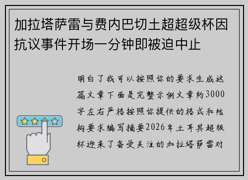 加拉塔萨雷与费内巴切土超超级杯因抗议事件开场一分钟即被迫中止