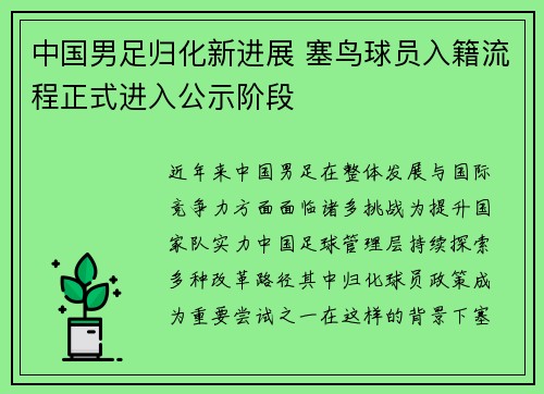 中国男足归化新进展 塞鸟球员入籍流程正式进入公示阶段